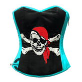 Baby Blue and Black Satin Pirate Sequins Costume Bustier Steampunk Waist Cincher Overbust Top